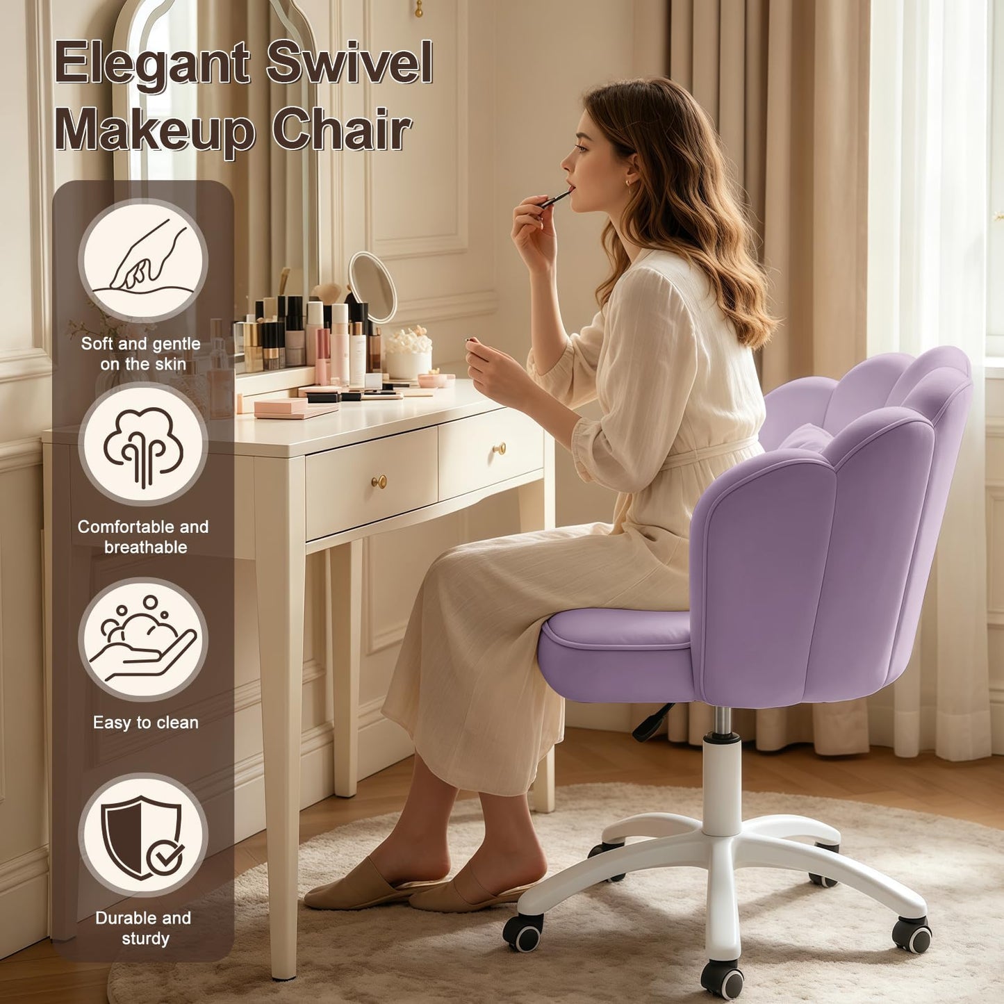 XUEGW Petal Desk Chair with Bow Cushion Velvet Vanity Chair with Wheels, Upholstered Home Office Chair for Girls Women, Mid-Back Swivel Computer Task Chairs for Living Room Bedroom