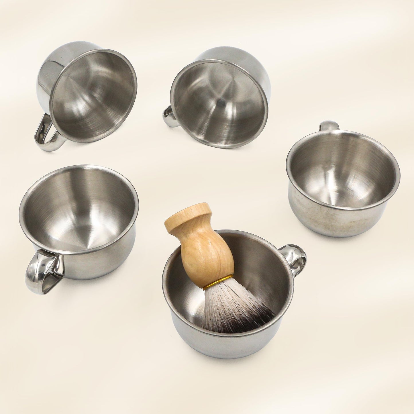 5PCS Shaving Soap Bowl with Beard Brush, 3.4inch Stainless Steel Mug Dish