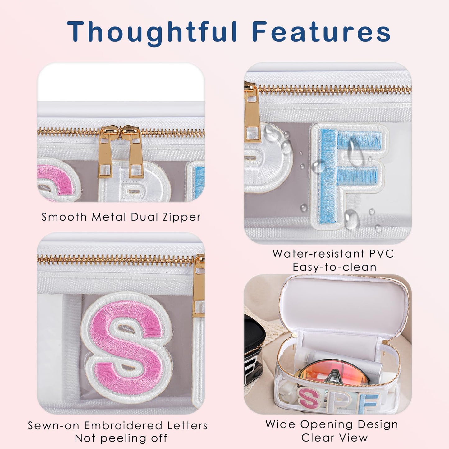 RSRSLEII Clear Waterproof Summer SPF Makeup Bag，Aesthetic Transparent Letter Patch Cosmetic Bag with Metal Zipper, Preppy Sunscreen Accessories Storage Organization, Beach Travel Purse(06SPF White)