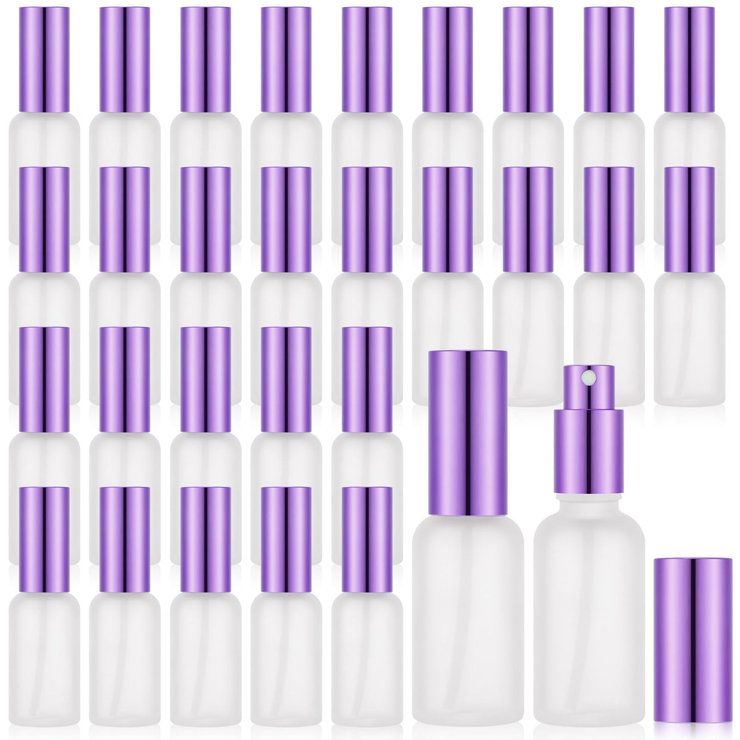 Roshtia 30 Pcs Glass Spray Bottle Clear Empty Bottles Small Refillable Reusable Perfume Bottle with Fine Mist Sprayer Pump for Face Body Travel(1 oz,Purple)