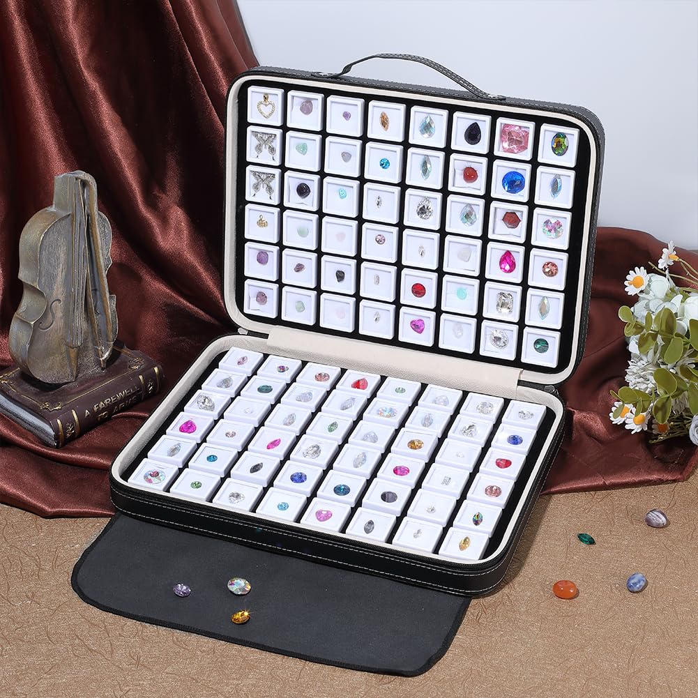 PH PandaHall 96pcs Gemstone Storage Box 1.1" Diamond Displays Case Leather Crystal Collection Box Jewelry Storage Container White Gem Jars with Foam Insert for Rhinestone Diamond Showcase Collectibles
