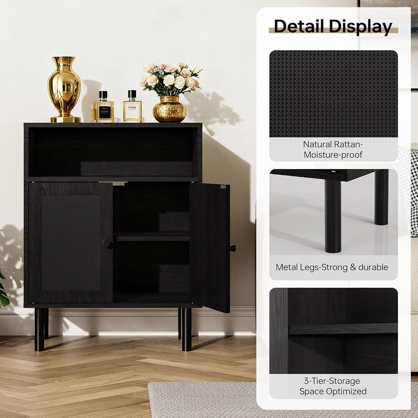 DongRong Rattan Storage Cabinet, Boho Accent Cabinet with Double Doors, Small Freestanding Sideboard for Hallway, Laundry Room,Kitchen, Dining Room, Entryway (Black)