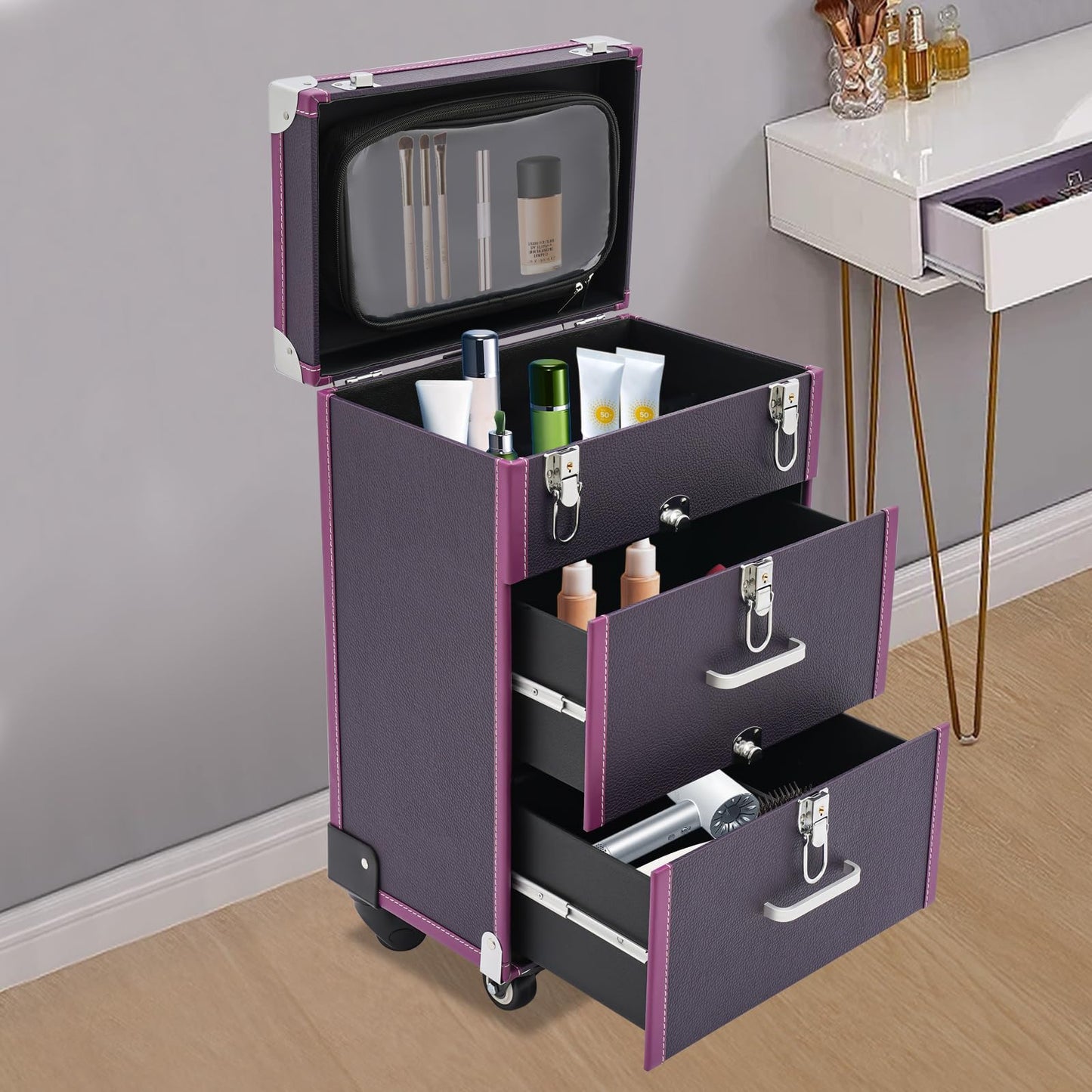 FLYHERO Professional Makeup Trolley Case, Rolling Makeup Nail Case Makeup Train Case with 4 Wheels Jewelry Travel Cosmetic Organizer Makeups Train Suitcase for Outdoor, Travel (Silver+Purple)