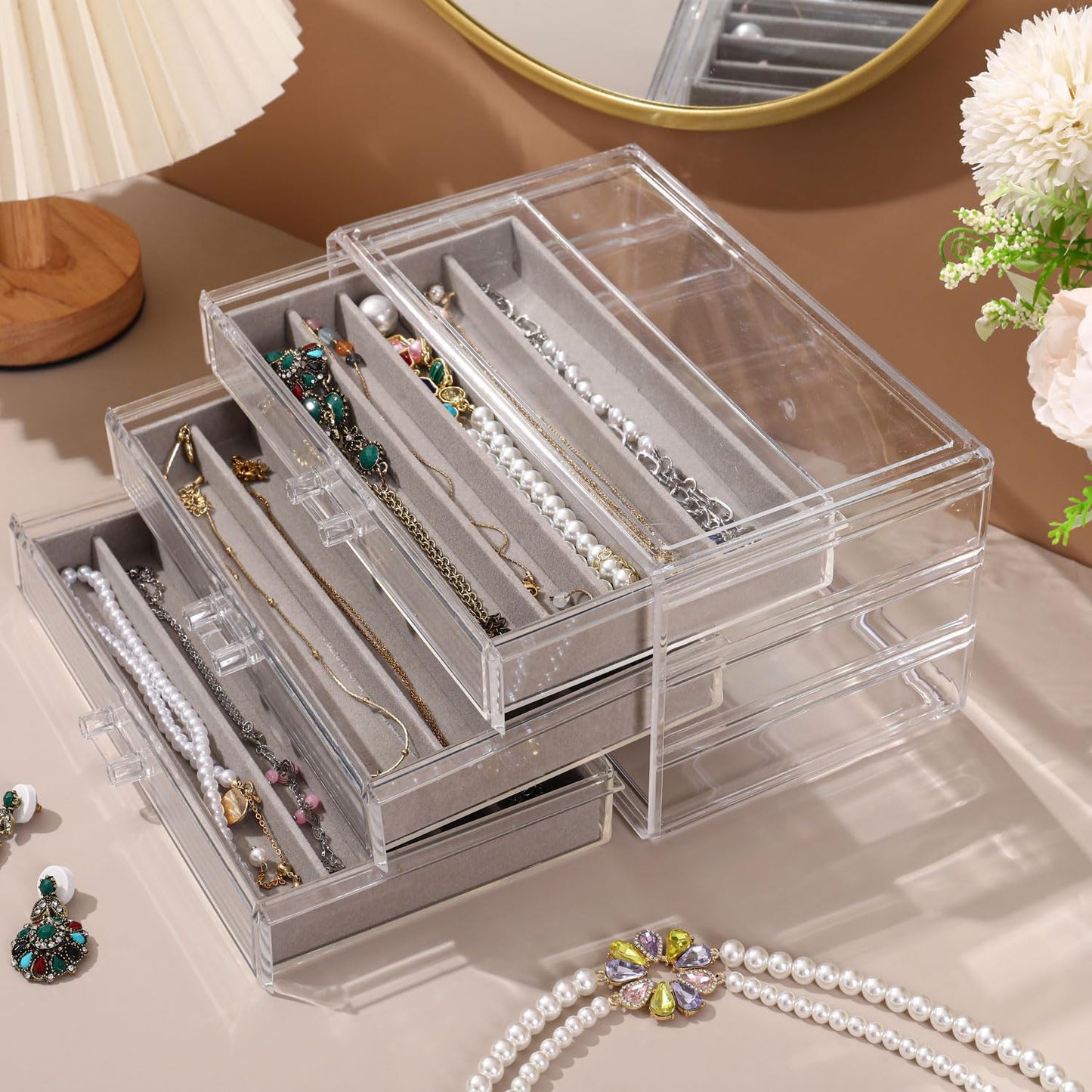 CLUQMEIK Necklace Organizer Box, Tray with Clear Lid, Dustproof Velvet Necklaces Holder Storage Display Case, Necklace Tray Drawer Insert for Pendant Suitable for Women and Girls (Grey)