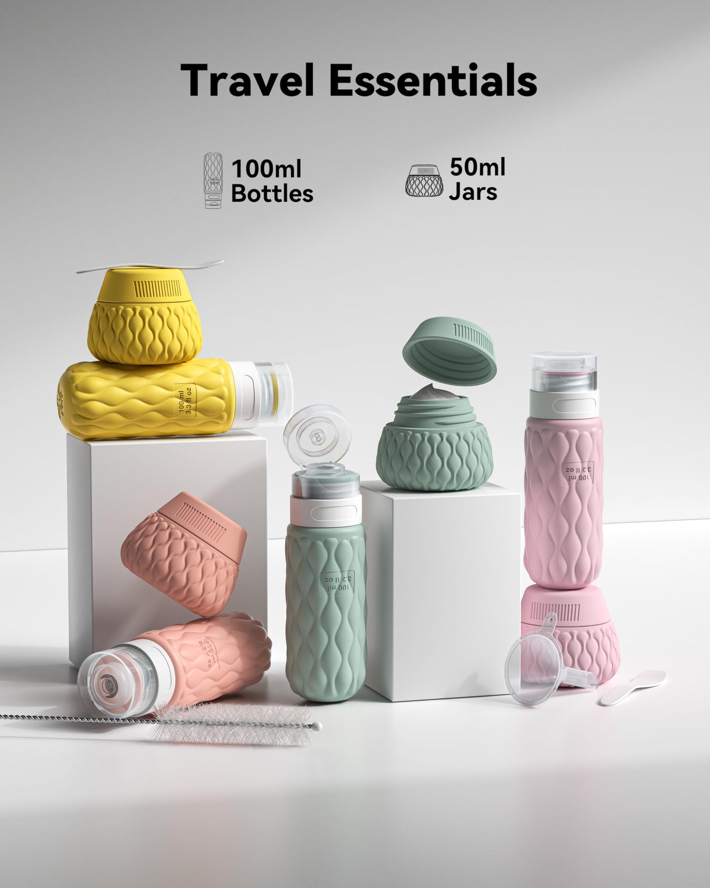 Lericttor Silicone Travel Bottles for Toiletries 8 Pack Travel Size Toiletries 3.4 oz 1.7 oz, Leakproof Squeeze Travel Size Containers Refillable Cosmetic Jars Set for Shampoo, Conditioner, Creams