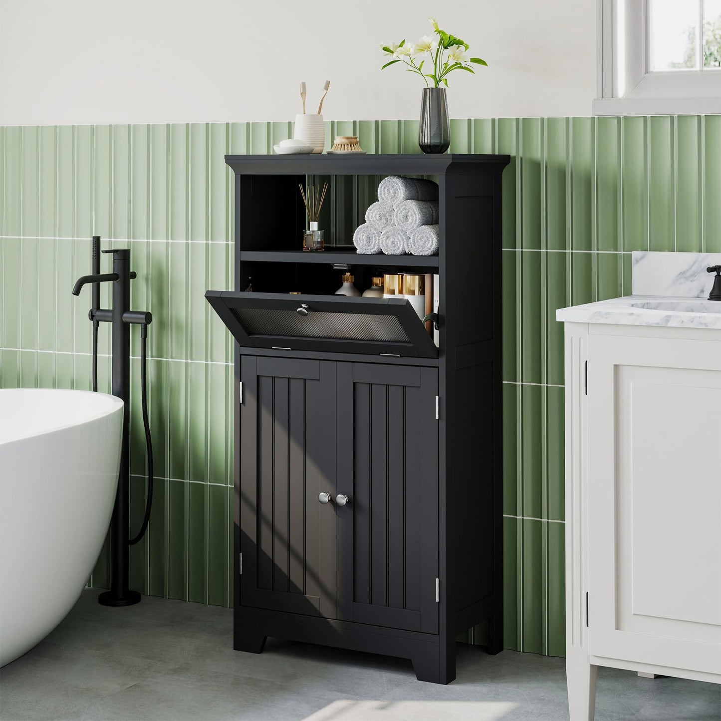 ChooChoo Freestanding Bathroom Cabinet with Flip Glass Drawer, 2 Doors, Adjustable Shelf, Open Storage for Bathroom, Living Room, Hallway, Black