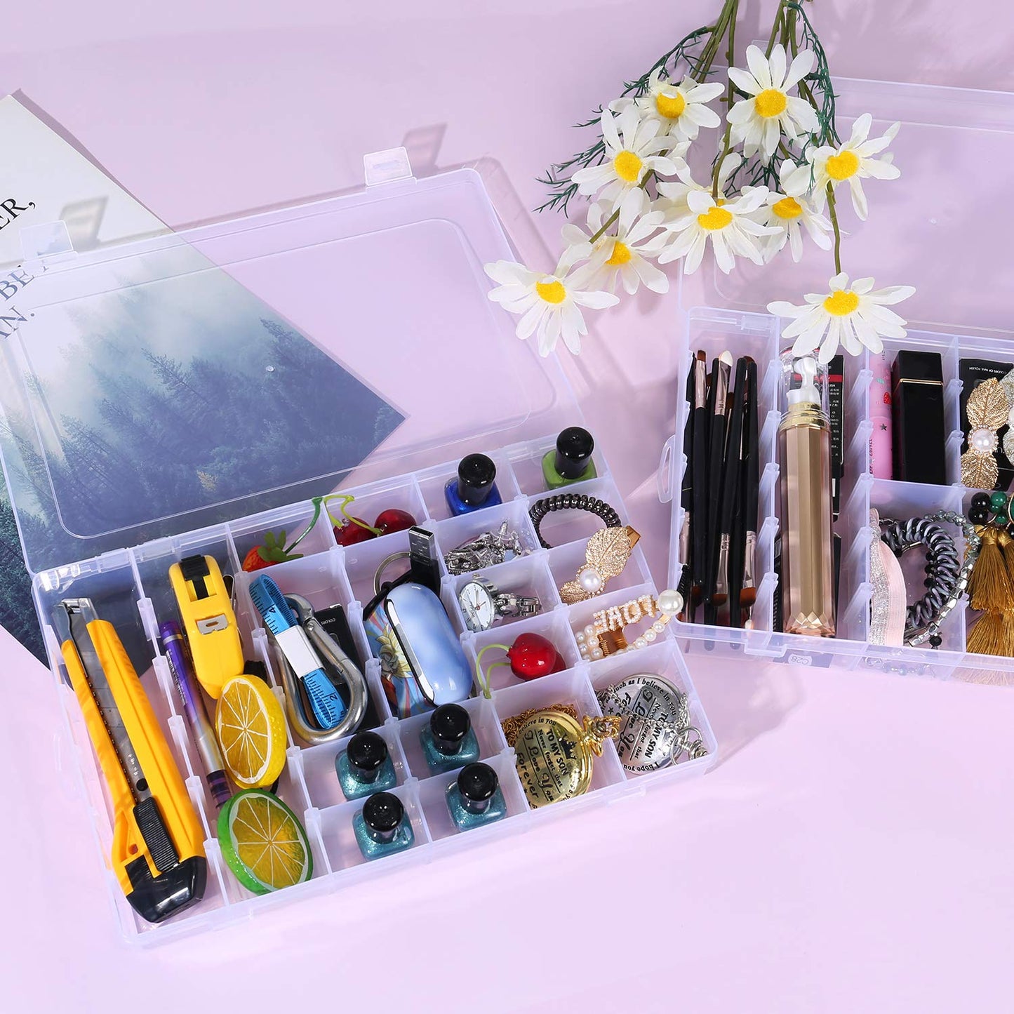 Umirokin Small Parts Organizer Box 2 Pack, 36 Grid Bead Organizer with Adjustable Dividers, Plastic Organizer Box for Screws, Jewelry Making, Craft Storage, Fishing Tackle, Clear Compartment Container