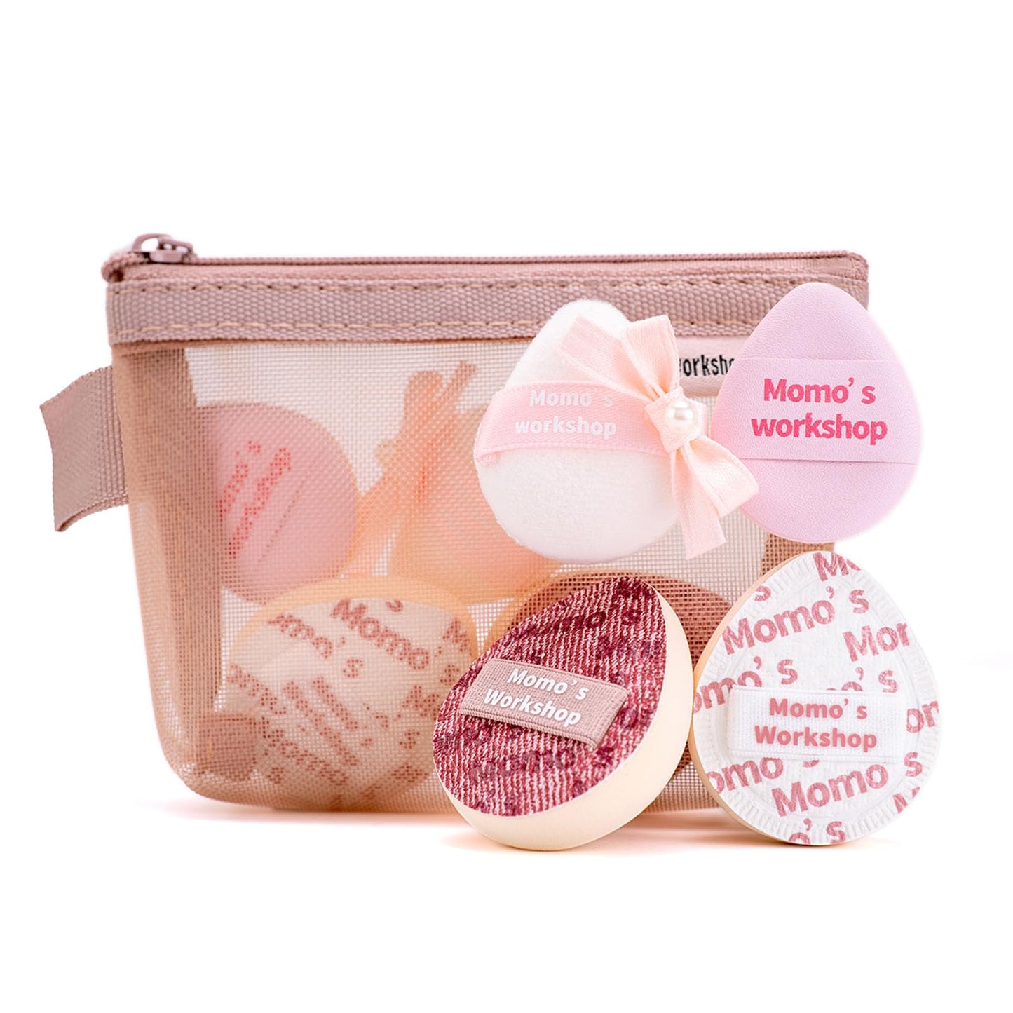Momo's Workshop Mini Denim Makeup Sponge Set,Mini Makeup Blenders Sponge for Concealer/Blush/Highlighter, Perfect for Detail Work & Travel,4pcs Pink Mini Concealer Puffs with Travel Pouch