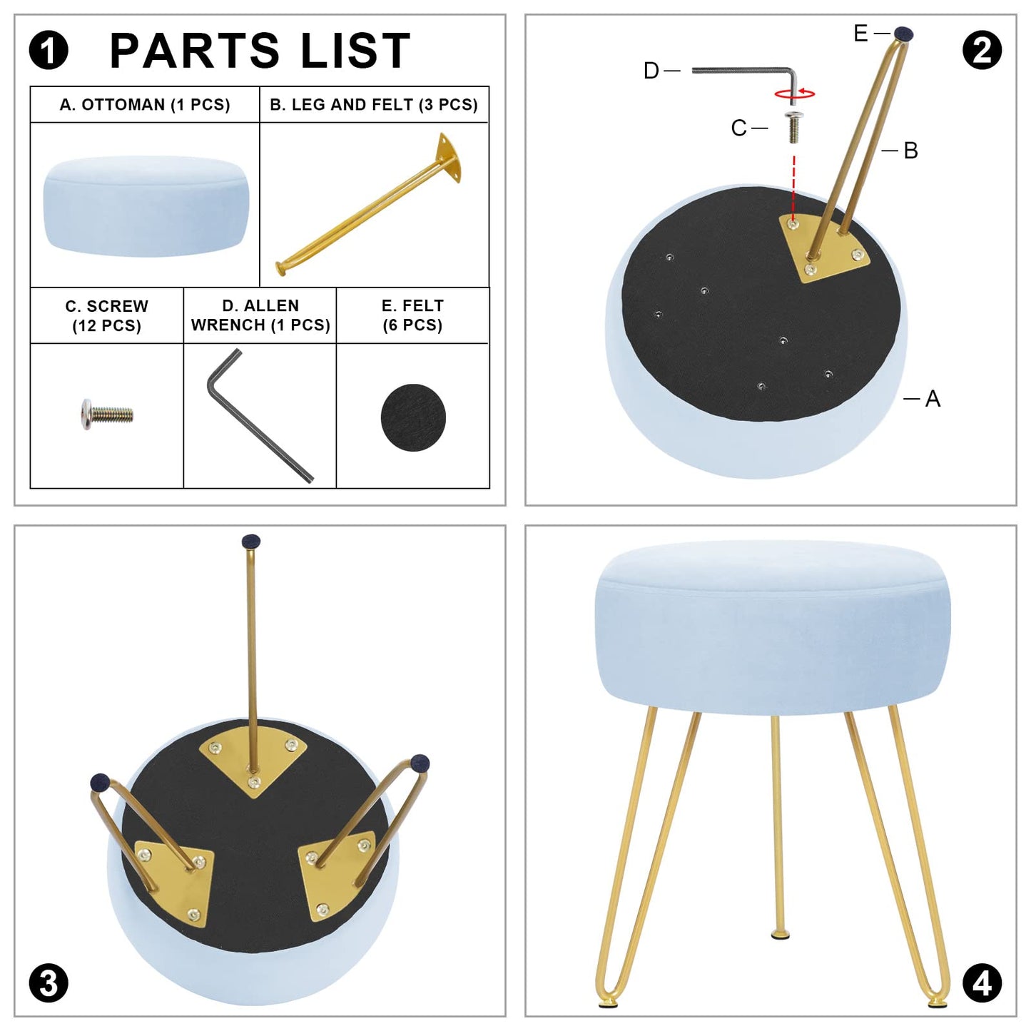 GERANT Multifunctional Vanity Stool - Velvet Footrest Stool-Upholstered Chair Stool -Ottoman Round Modern Dressing Chair - Side Coffee Table Seat with Golden Metal Leg for Living Room (Light Blue)