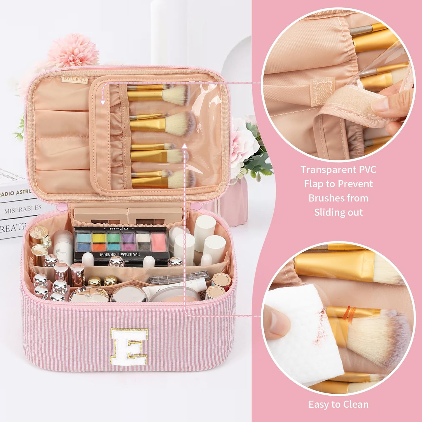 OCHEAL Makeup Bag for Women, Monogram Cosmetic Bag Pink Travel Makeup Case Beauty Toiletry Bag Organizer Personalized Gifts for Girls Bridesmaid, Sister, Wife, Friends Initial E