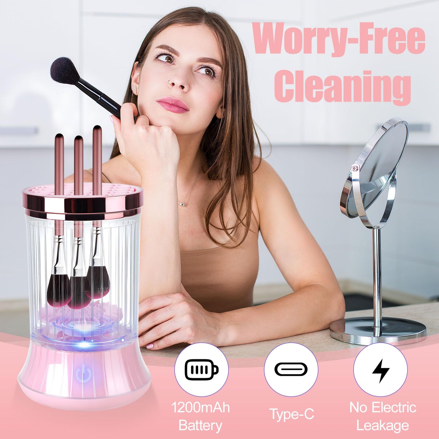 Electric Makeup Brush Cleaner Machine, USB Powered Automatic Spinning Makeup Brush Cleaner with 2 Cleaning Modes, Portable Brush Cleaner for Deep Cleaning Cosmetic Brushes, Pink