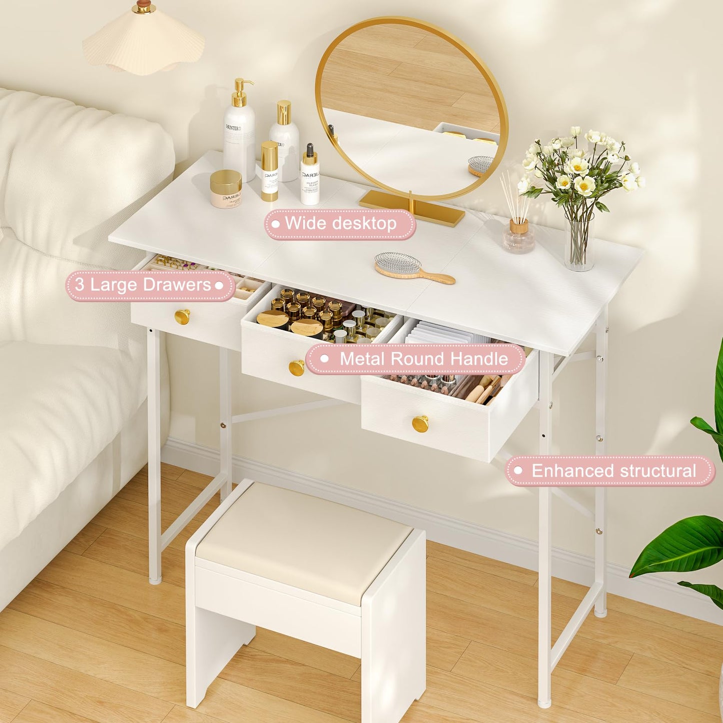 DAOUTIME Makeup Vanity Desk No Mirror, 37.2 Inch Vanity with 3 Drawers, Girls Vanity Dressing Table for Bedroom, Small Vanity Table Home Office Desk for Small Spaces, White