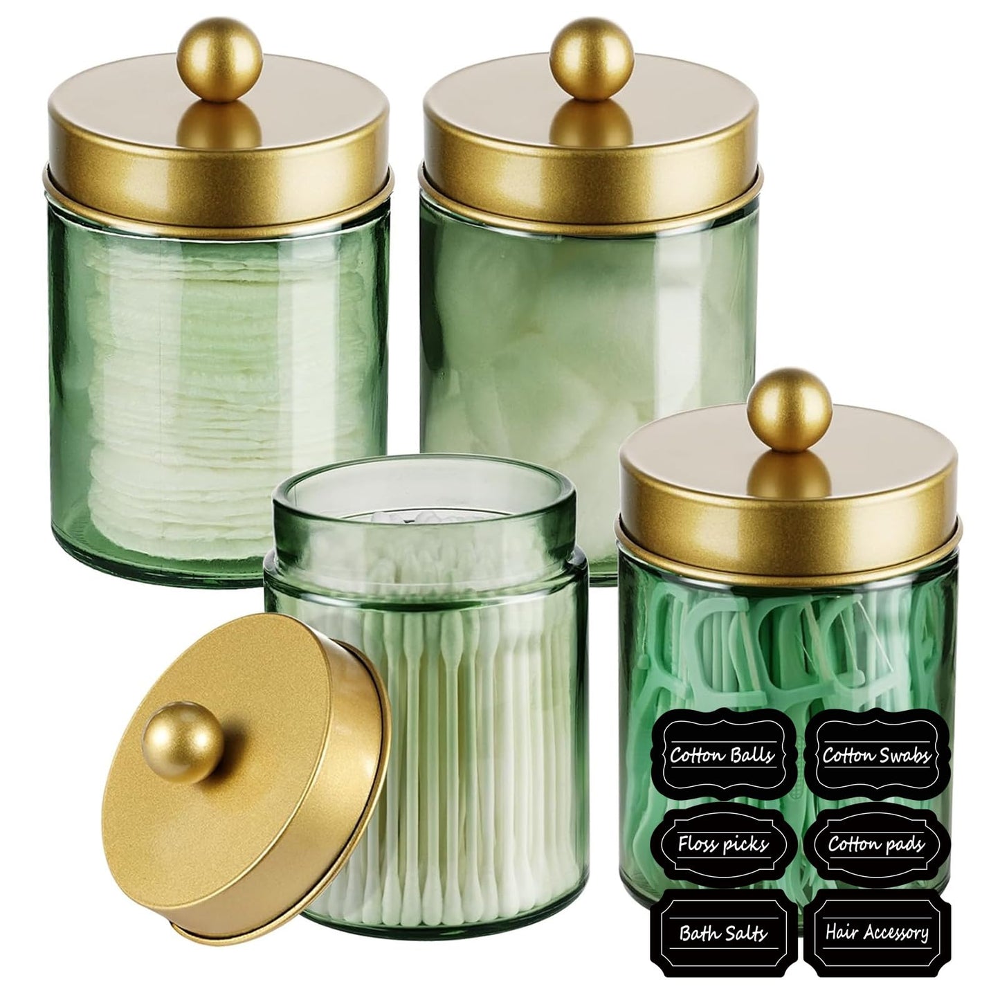 Amolliar 4 Pack Apothecary Jars Bathroom Vanity Storage Organizer Set -Countertop Canister with Stainless Steel Lids &Stickers Qtip Dispenser Holder for Cotton Swab (Green-golden Lid)