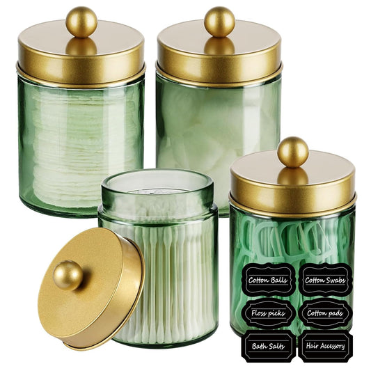 Amolliar 4 Pack Apothecary Jars Bathroom Vanity Storage Organizer Set -Countertop Canister with Stainless Steel Lids &Stickers Qtip Dispenser Holder for Cotton Swab (Green-golden Lid)