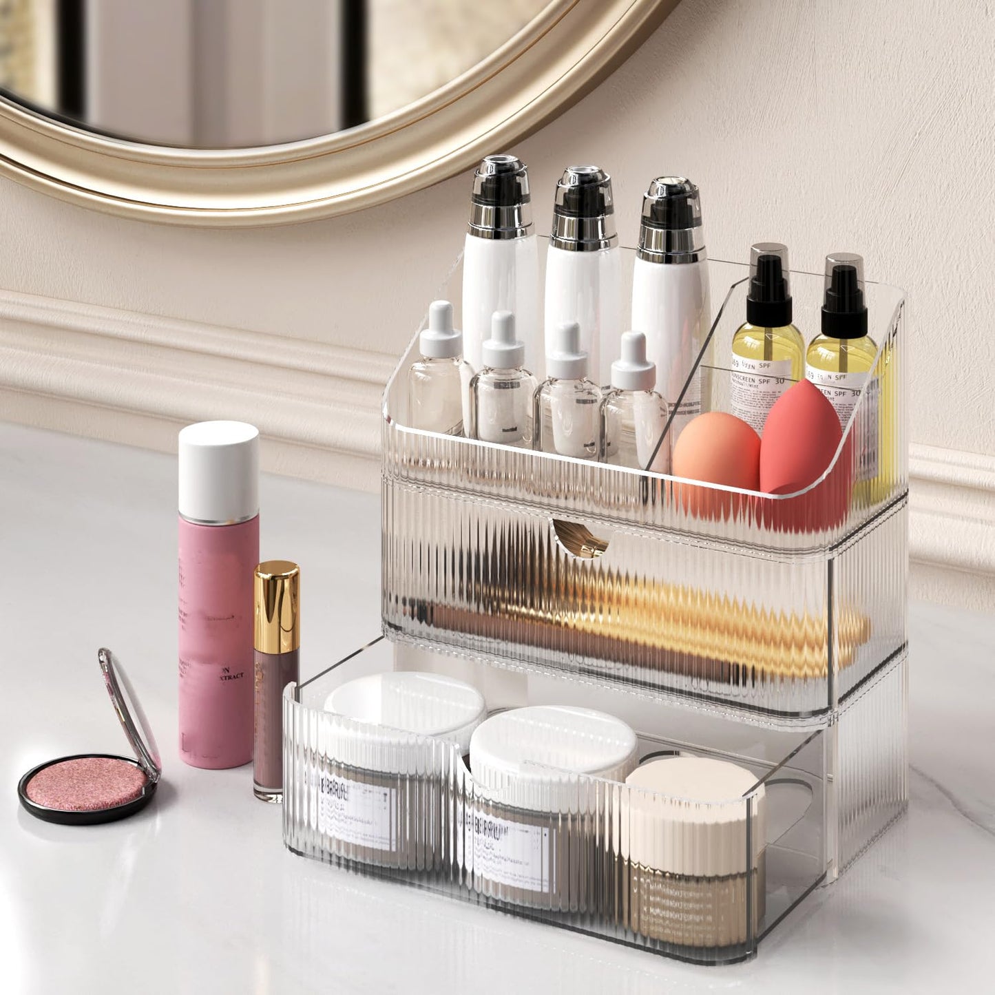 MEAJIO Medicine Cabinet Organizer 3 Tier, Stackable Bathroom Mirror Cabinet Storage，Small Makeup Organizers with 2 Drawer and 1 Tray for Wall Cabinet， Closet， Vanity, Countertop, Clear