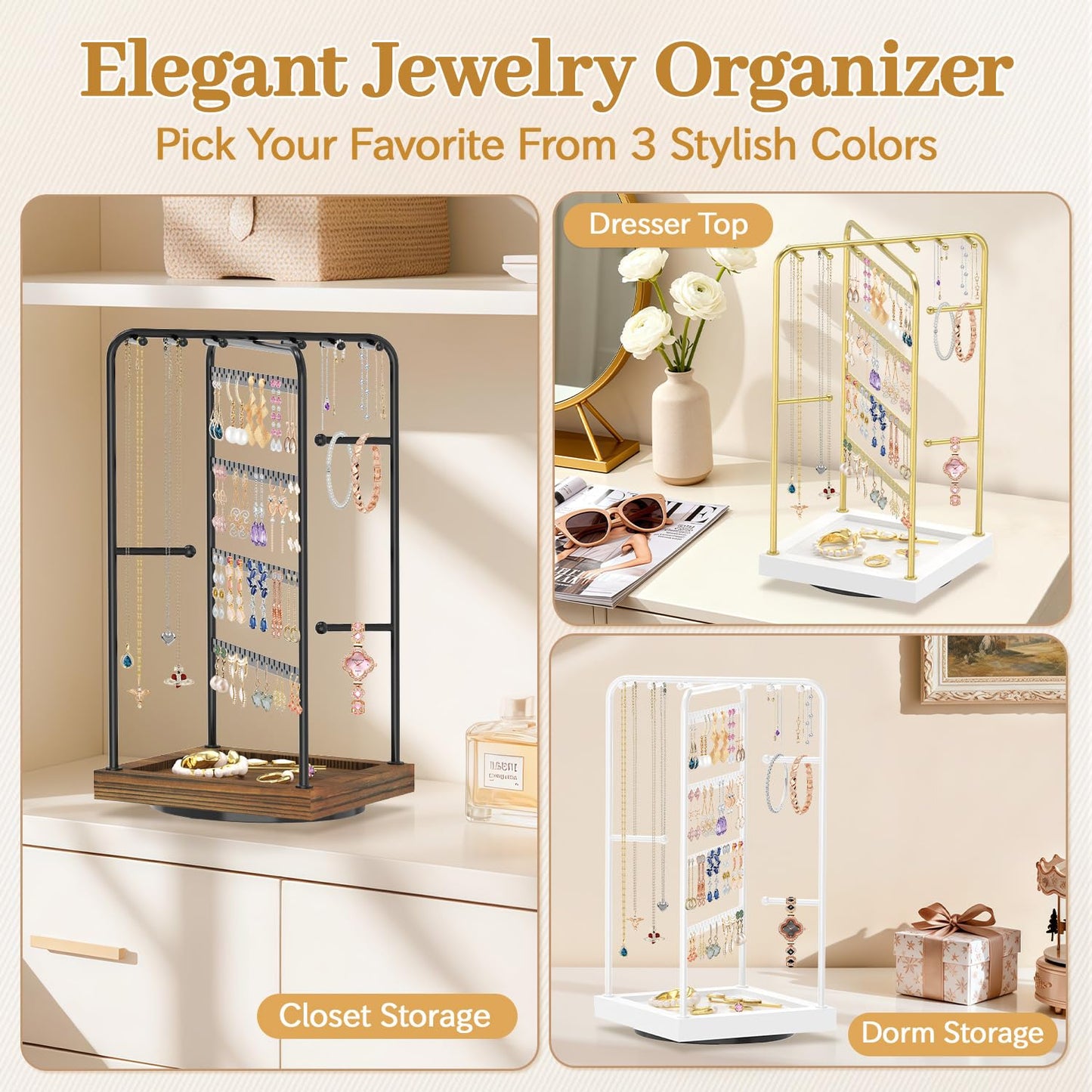 MODOWEY Earring Necklace Holder Organizer Jewelry Stand, Wood Rotating Display Tree for Vendor Selling, Tiered Tower Rack for Pierced Stud Bracelet 90+ Pieces Storage, Easy Access for Women, White