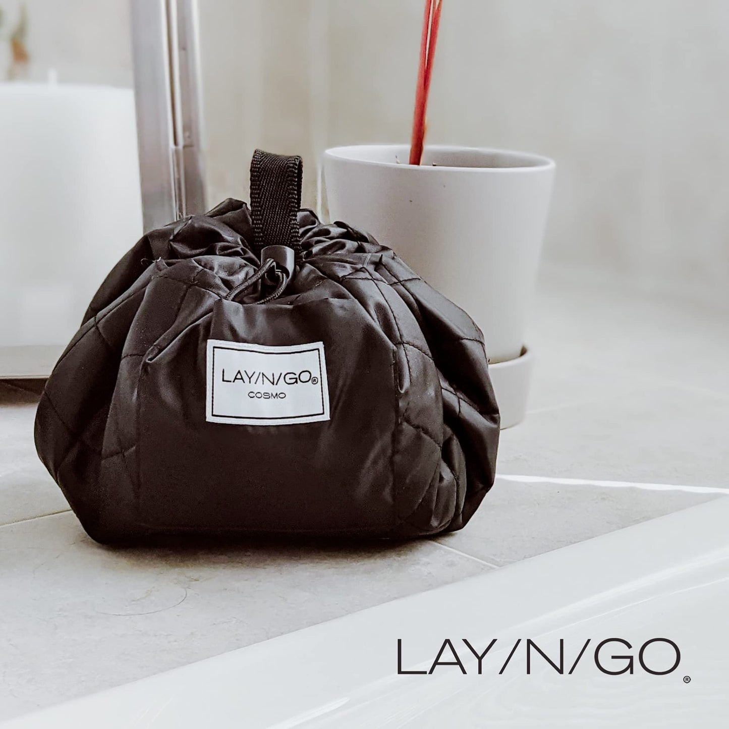 Lay-n-Go Cosmo Layflat Drawstring Cosmetic & Makeup Bag Organizer - Portable Drawstring Makeup Bag w/Zipper Pocket, Makeup Loops & More -Durable, Machine Washable Toiletry Bag (20", Metallic Silver)