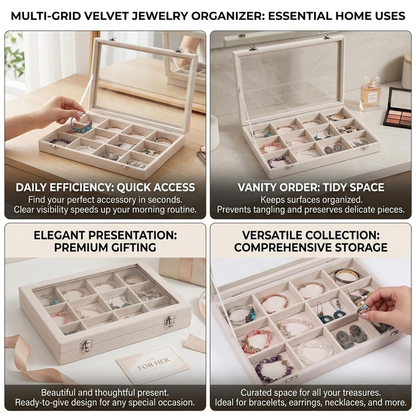 Stratalife Jewelry Organizer Bracelet Organizer Storage Box 12 Grid Stackable Jewelry Tray with Lid Velvet Jewelry Box for Drawer Necklace Bracelet Display Storage Organizer Box (Beige)