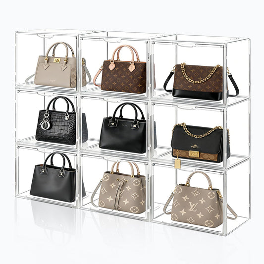 Cutora 15 Pack Acrylic Purse Organizer for Closet, Stackable Clear Handbag Storage Bins with Magnetic Doors, Display Case for Purses, Hats, Books, and Collectibles