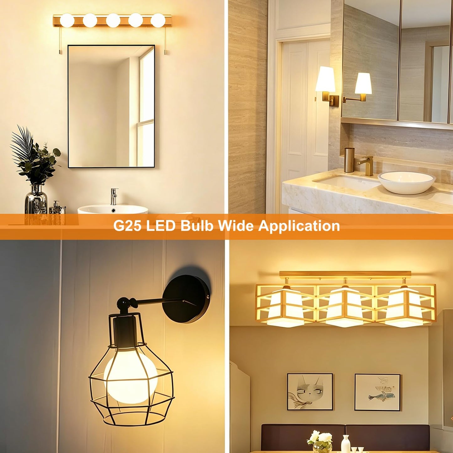 Vinaco Glass LED G25 Globe Light Bulbs 60W Equivalent, G25 Dimmable 2700K Warm White Round Frosted Vanity Light Bulb for Bathroom Mirror and Chandelier, 6 Pack Milky Frosted G 25 E26 Bulb with 450LM