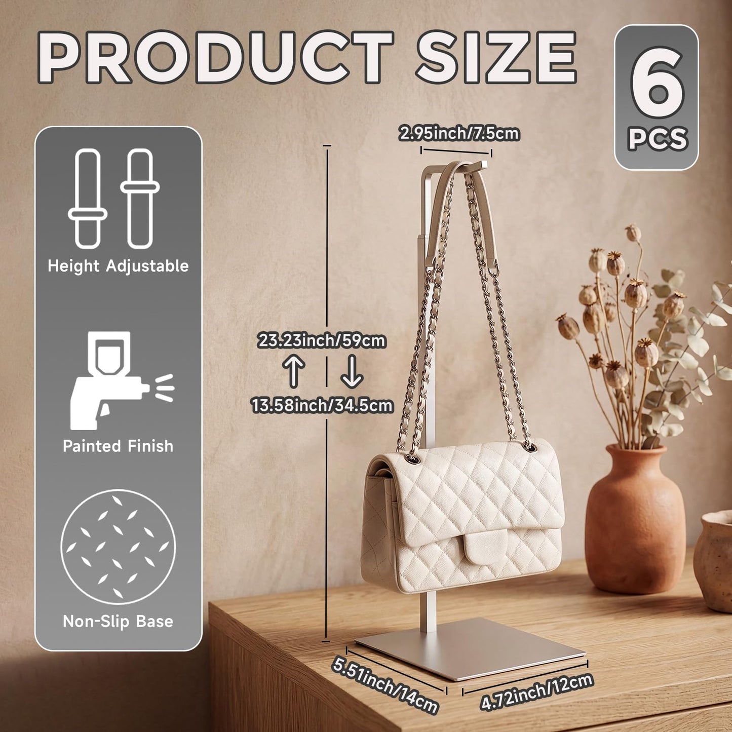 Ferrochef 6 Pack Silver Purse Stand Holder Handbag Display Stand Adjustable Stainless Steel Hanger Rack for Tabletop, Closet, Desk, and Retail Use for Vendors