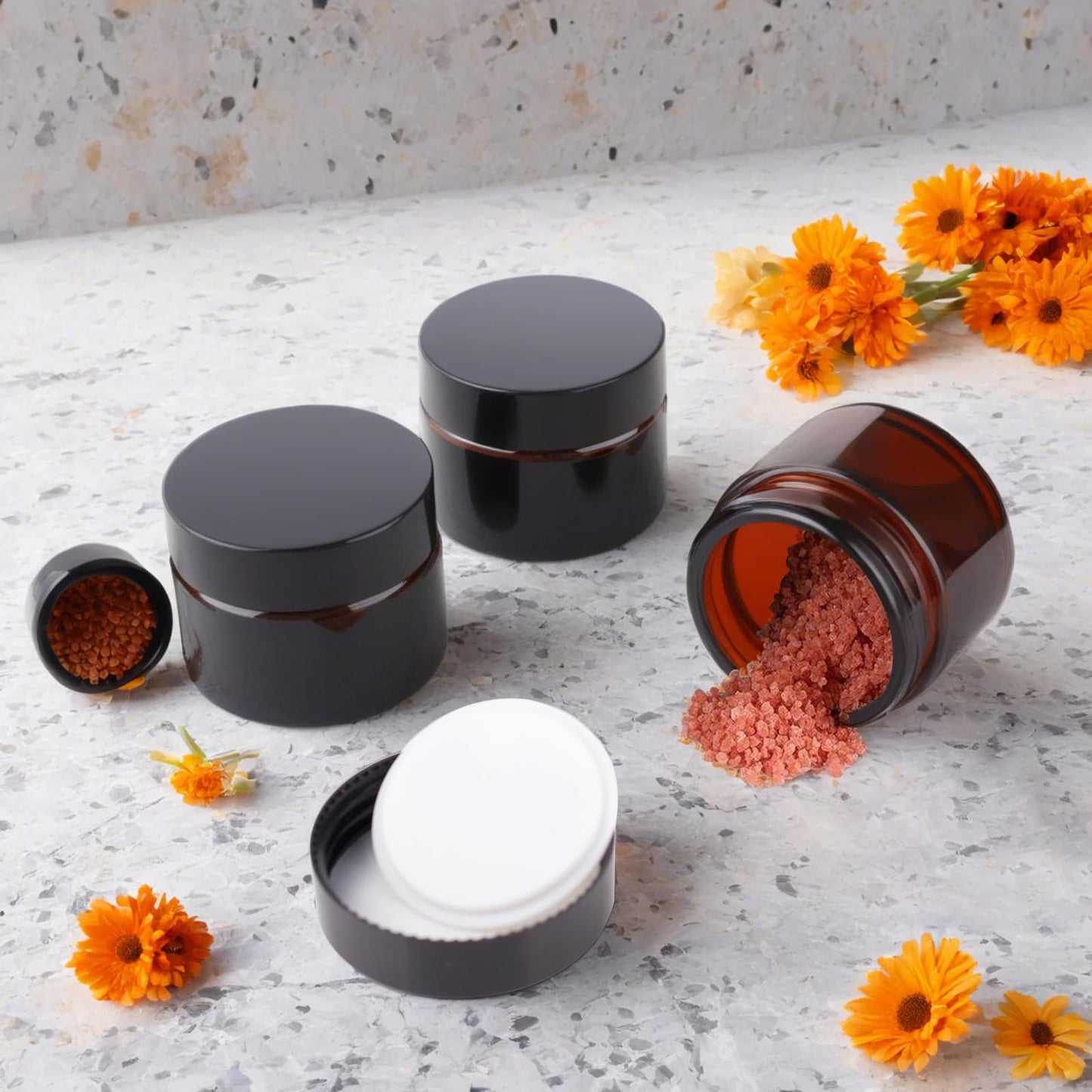 PetalPursuit 2oz Amber Glass Jars with Lids, 48 Pack Sample Containers for Storing Lotions, Moisturizers, Lip Balm and Cosmetics