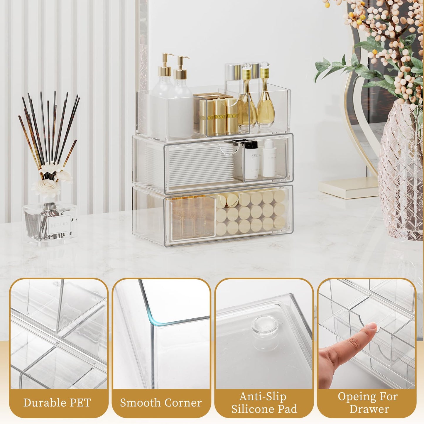 EAROND Medicine Cabinet Organizer with Removable Dividers, 3-Tier Stackable Drawer Storage for Bathroom, RV, Vanity, Countertop & Desk