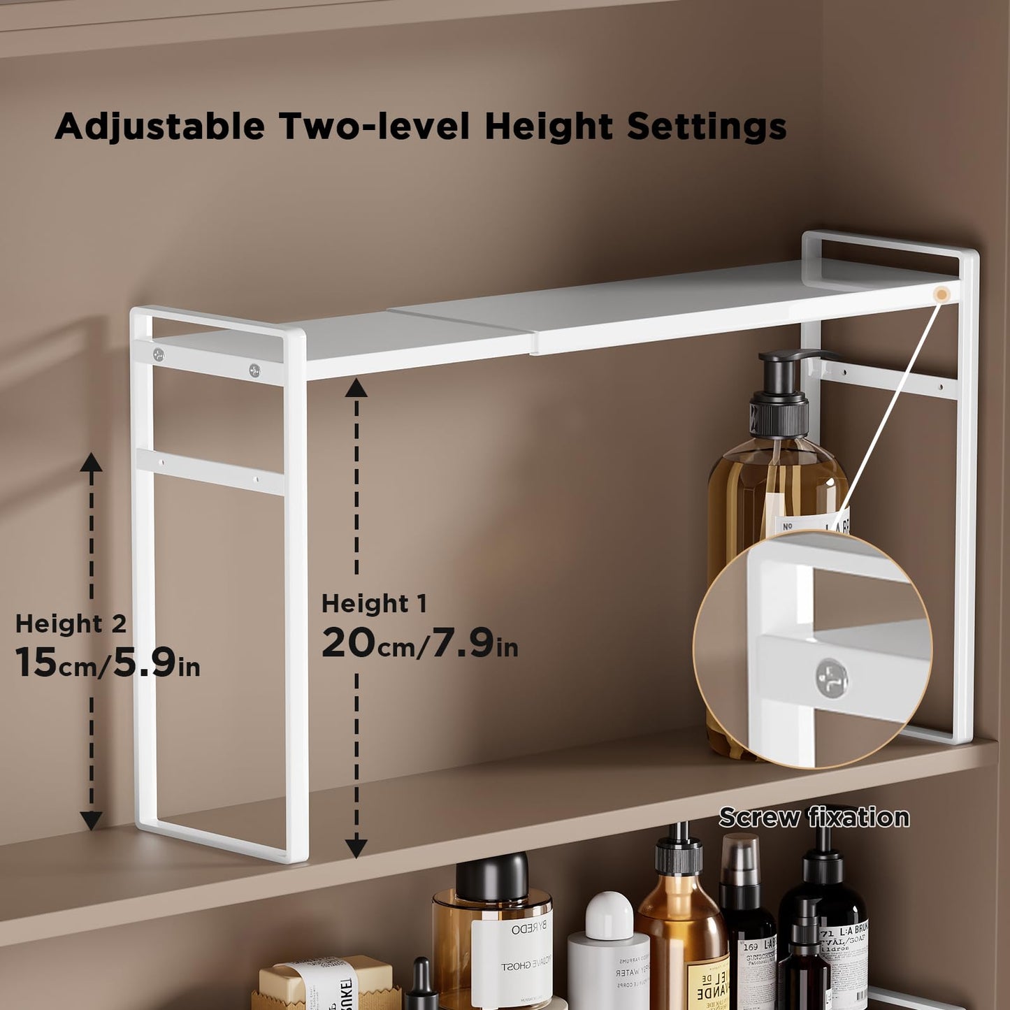 Expandable Medicine Cabinet Organizer, White Heavy-Duty Metal Adjustable Shelf Trays for Bathroom, Kitchen, Narrow Spaces, Space-Saving Storage Solution for Mirror Cabinets, Vanities, and Countertops