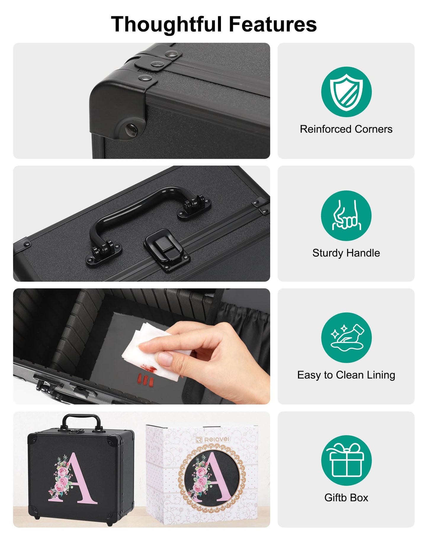 Relavel Birthday Gifts for Women Teen Girls, Initial Makeup Bag with LED Mirror Personalized Cosmetic Bag Travel Organizer Train Case, Teacher Graduation Gift Teen Girl Gifts Trendy Stuff, Black N