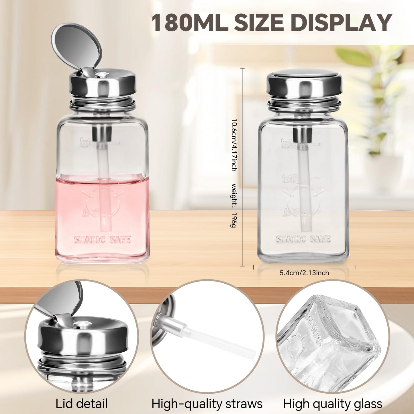 2PCS 6Oz/180ML Clear Glass Pump Dispenser Bottle, Metal Flip Top Press Container, Refillable Liquid Dispenser for Nail Polish Remover, Makeup Remover & Alcohol - Leak-Proof for Home, Salon & Travel