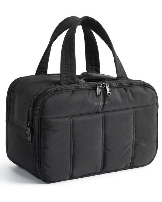 BAGSMART Travel Toiletry Bag, Puffy Large Toiletry Bag for Women, Lightweight Cosmetic Makeup Bag Organizer with Handle for Traveling, Accessories, Essentials, Toiletries (Black)