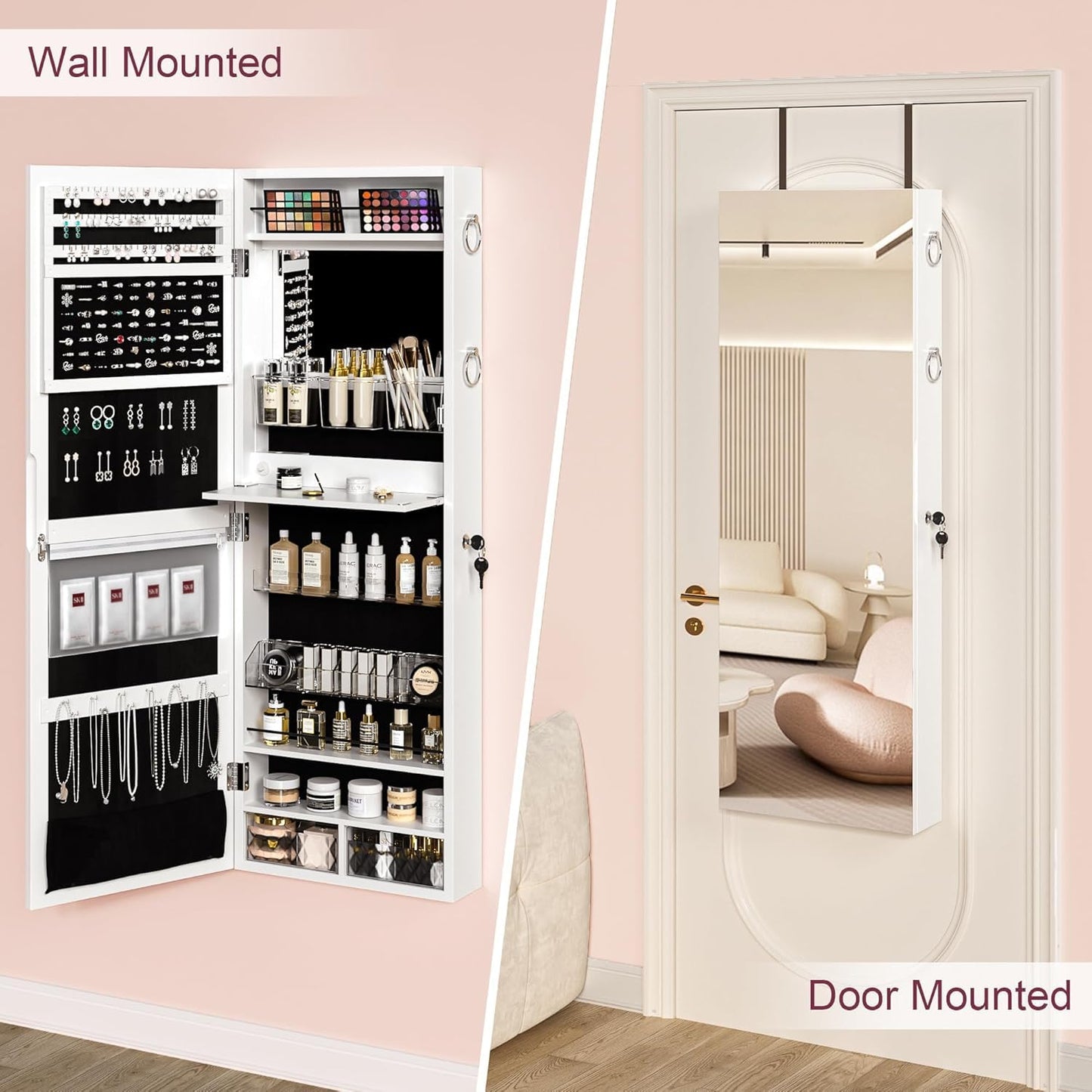 VECELO LED Jewelry Mirror Cabinet, Lockable Wall or Door Mounted Jewelry Armoire Organizer, Full Length with Storage, White