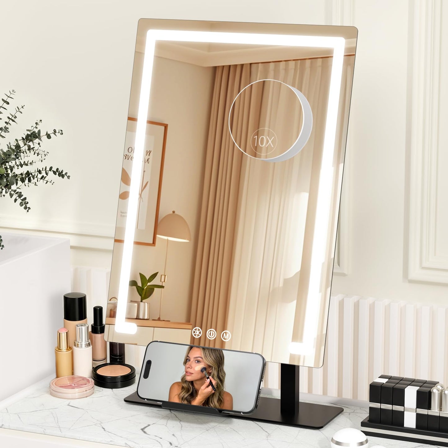 FRANO Vanity Mirror with Lights, 3 Color Lighting Modes, Detachable 10x Magnification, 4000mAh Rechargeable Lighted Makeup Mirror, Smart Touch Control, Phone Holder, for Vanity Desk Tabletop