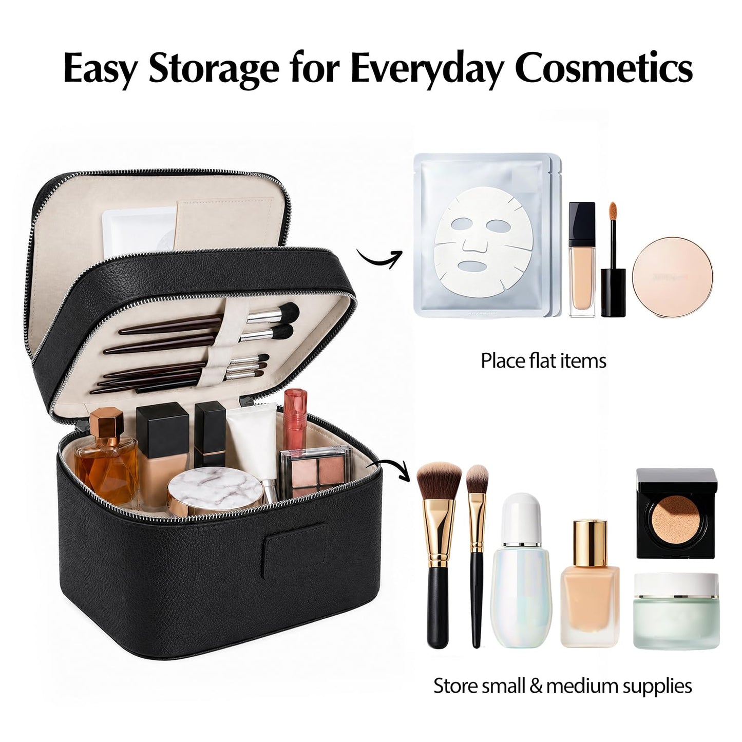 idoltimes Makeup Case,Leather Double Layer Makeup Bag Duo,Large Portable Travel Toiletry Case Cosmetic Organizer for Women