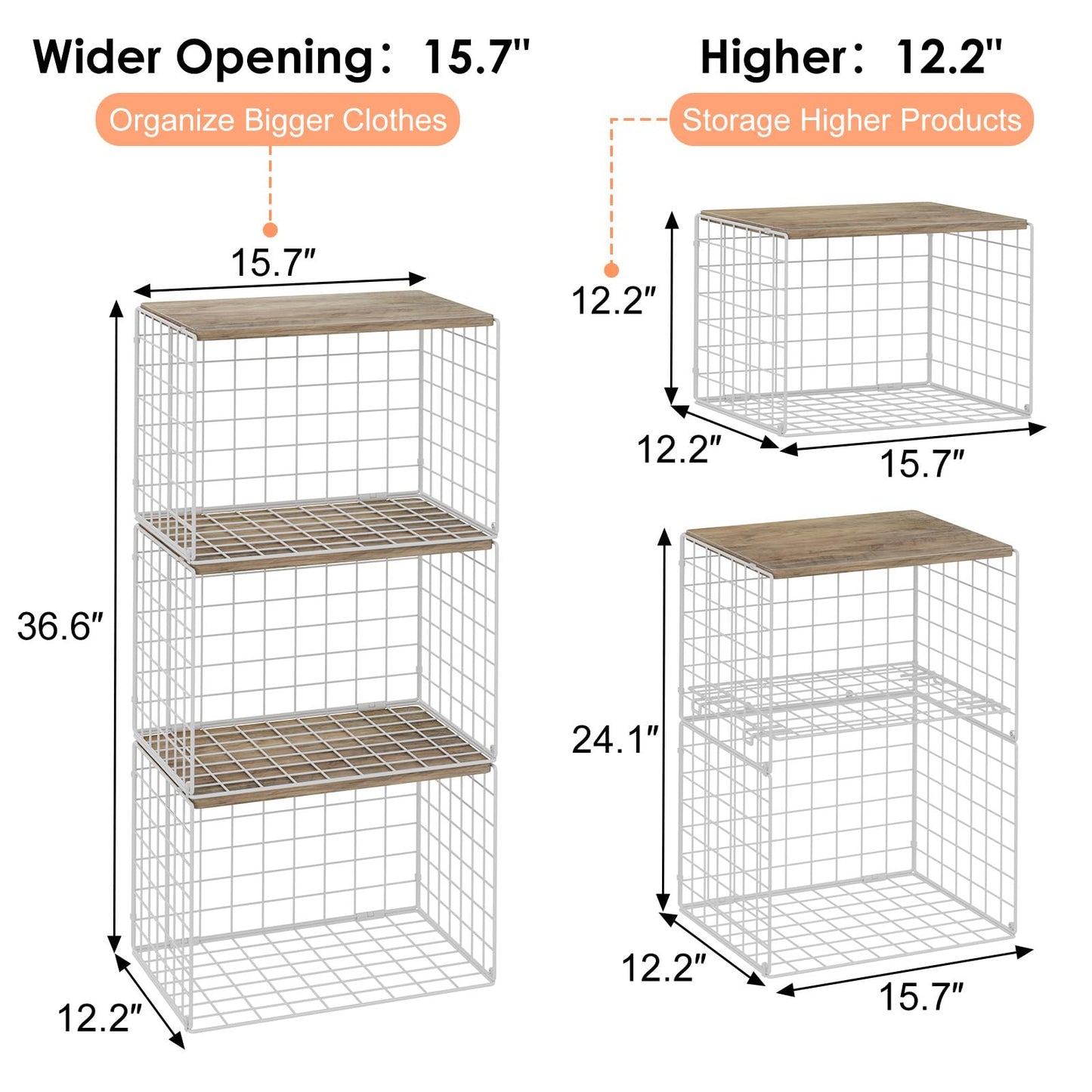 5 Pack Extra-Long Closet Organizers and Storage with Ajustable Shelf, Stackable Closet Shelf Organizer, Double Storage Design Clothes Storage Cube/Bin Organizer for Wardrobe, Space-Saving, White