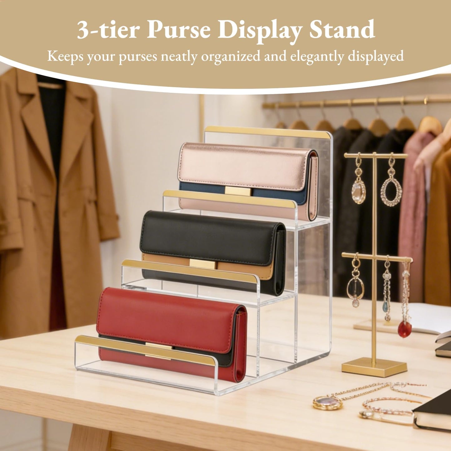 2 Pcs Purse Display Stands, Clear 3-tier Acrylic Wallet Risers with Golden Edge, Space-saving Handbag Display Shelves, Countertop Organizer Racks for Clutches, Perfume, Accessories