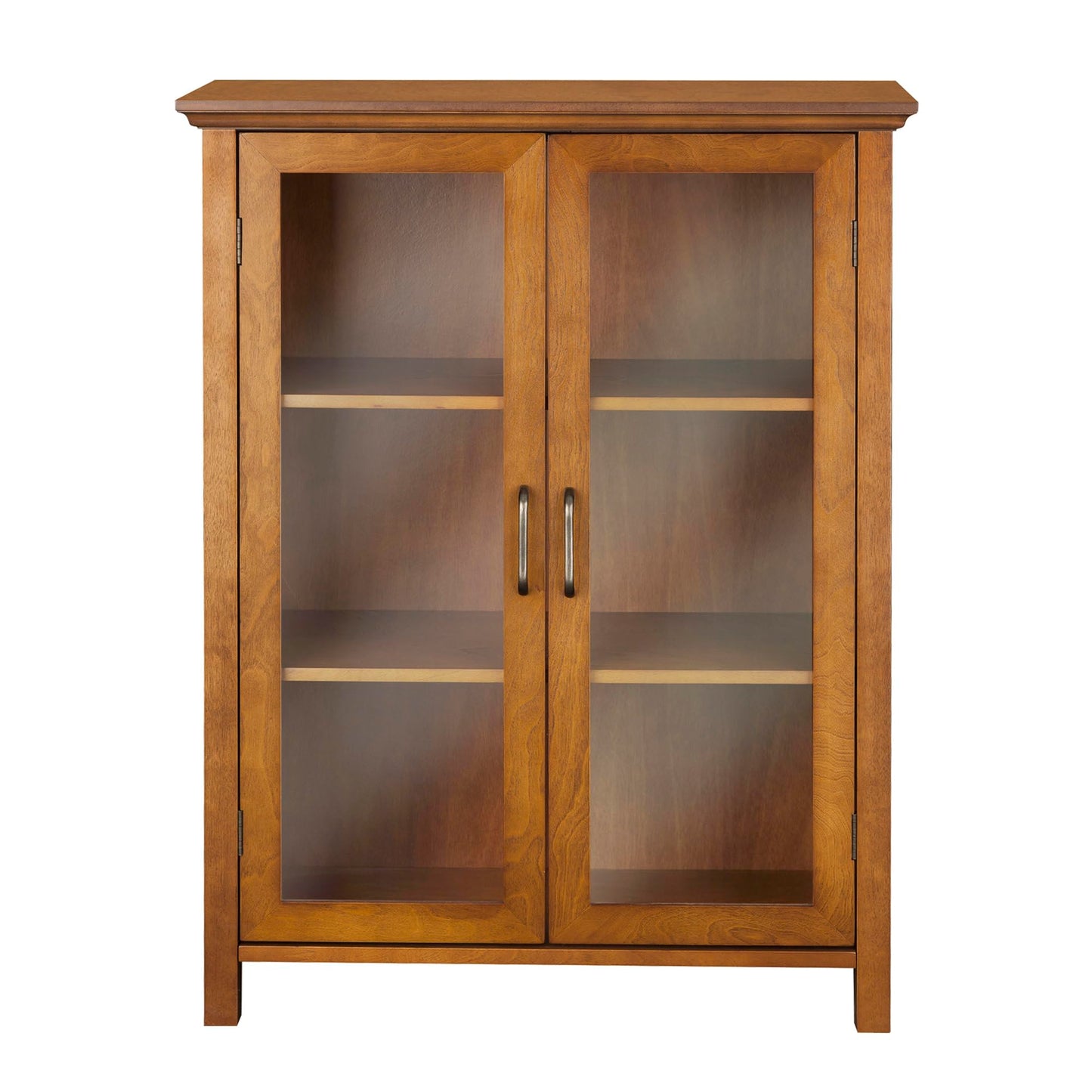 Teamson Home Avery Wooden Freestanding Floor Cabinet with 2 Adjustable Shelves 3 Storage Spaces 2 Glass Paneled Doors and 2 Antique Brass Knobs, Oiled Oak
