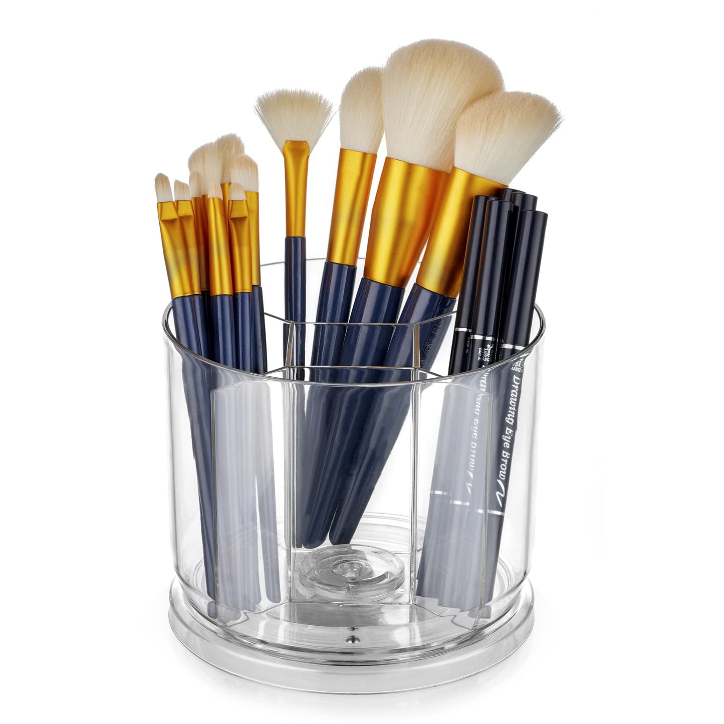 Makeup Brush Holder Organizer -Rotating 360° Clear Storage Cup Containers for Vanity, Desk, Countertop, Spinning Pen Holder for Desk, Round Make up Brush Stand with 5 Slots, for Cosmestics (Clear)
