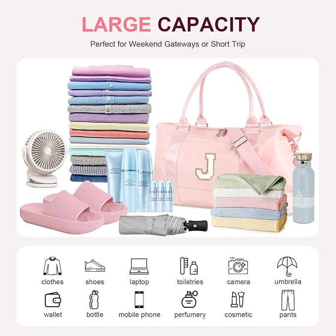 Dance Gym Duffel Bag for Teen Girls, Personalized Initial Travel Weekender Bag,Cute Overnight Carry On Duffle for Women,Sports Travel Cheer Bag,Monogram Christmas Gifts for Tween Preppy(pink-J)