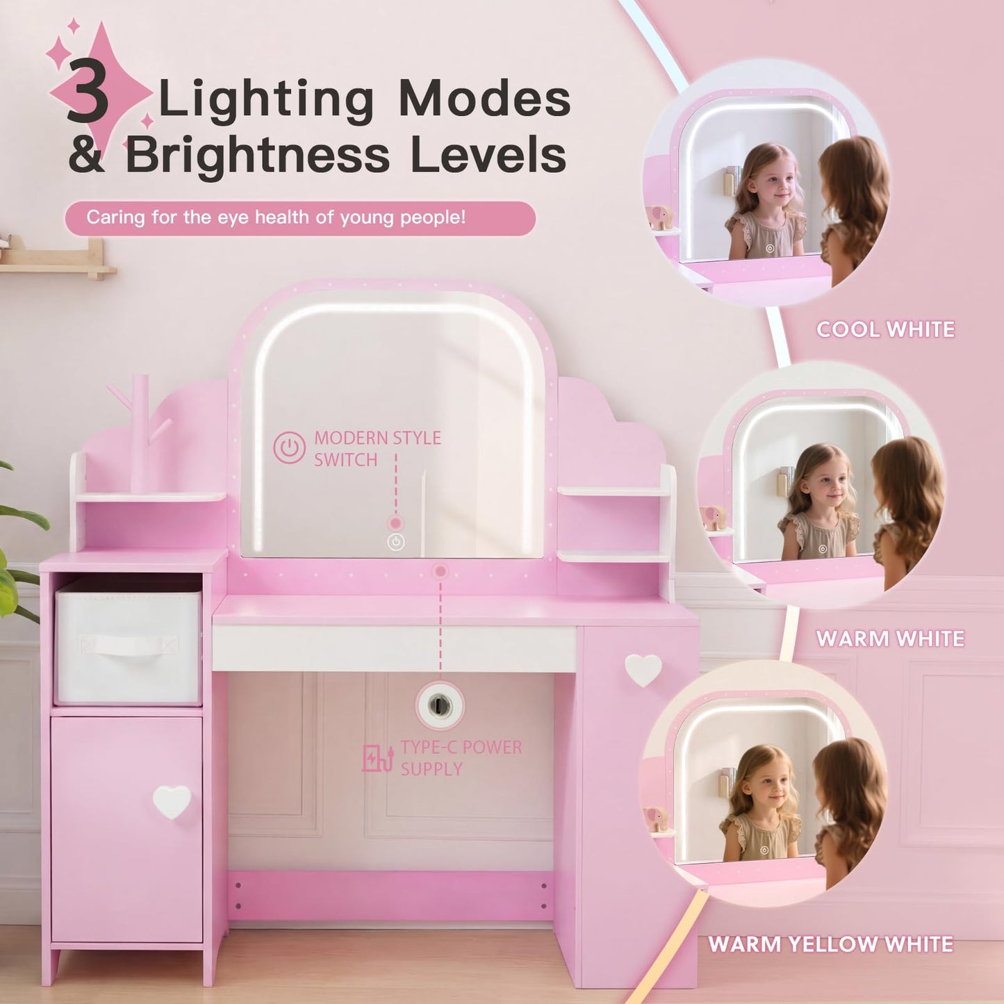 Frogprin Kids Vanity with Lights and Chair, Princess Makeup Vanity Desk with Mirror Bookshelf Storage Cabinet,3 in 1 Toddler Vanity Table,Makeup Dressing Table,Pretend Play Vanity for Little Girl-Pink