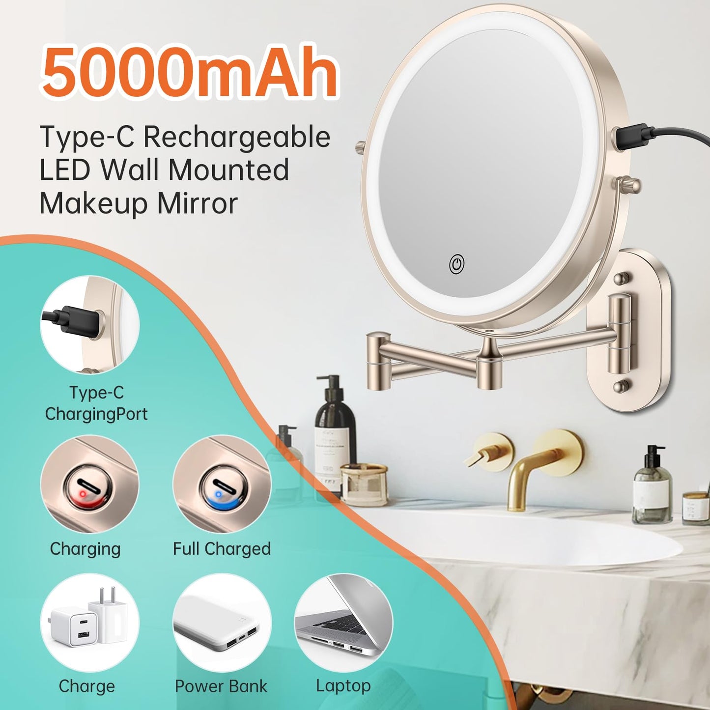 5000mAh Rechargeable Wall Mounted Lighted Makeup Vanity Mirror, Double Sided 1X 30X Magnifying Bathroom Mirror, 3 Color Lighting, Touch Screen Dimming, Extended Arm 360 Rotation Shaving Mirror