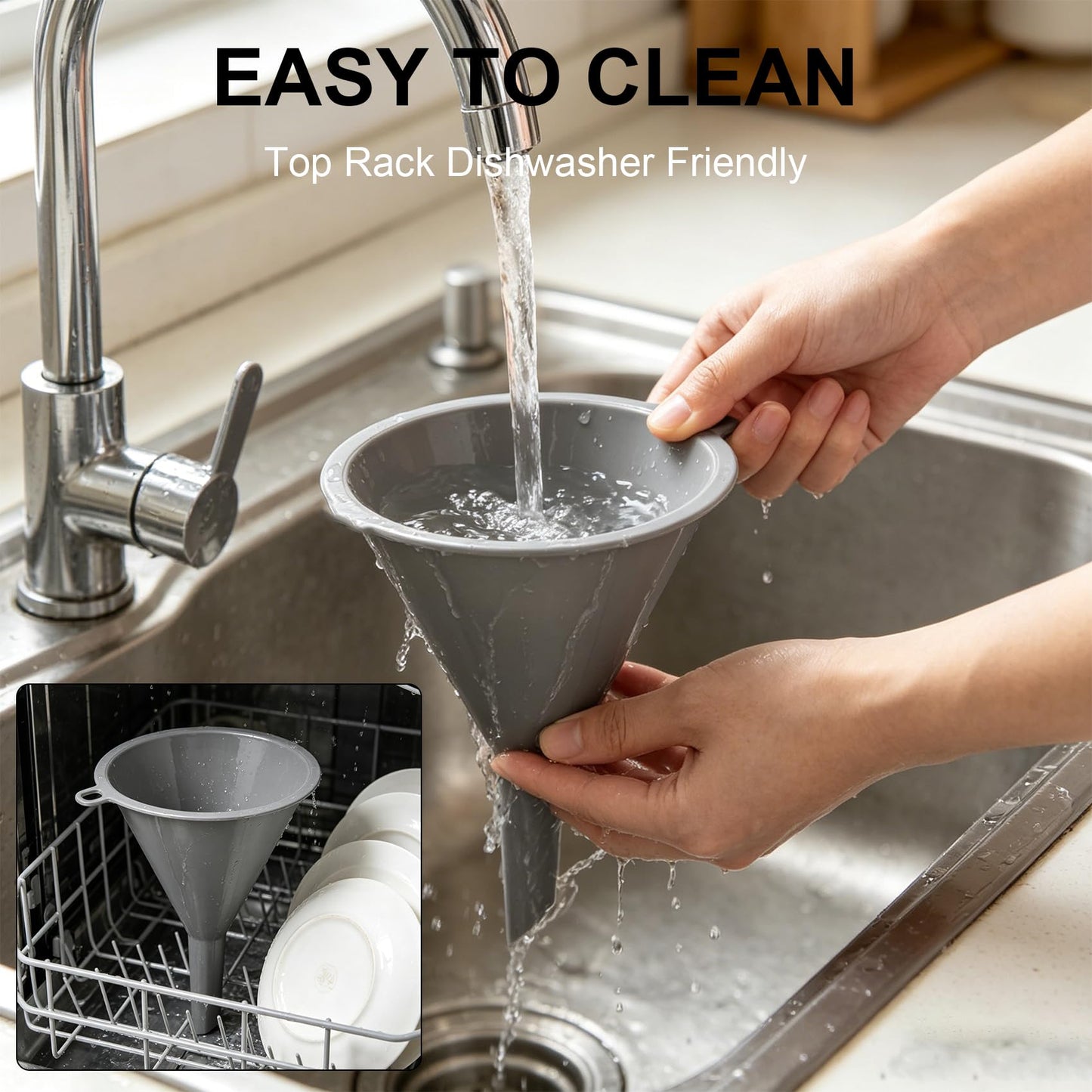 Plastic Kitchen Funnel Set of 3 with Brush – BPA Free Food Grade Funnels for Filling Canning Bottles Oil, Multifunctional for Cooking Lab Automotive, Gray