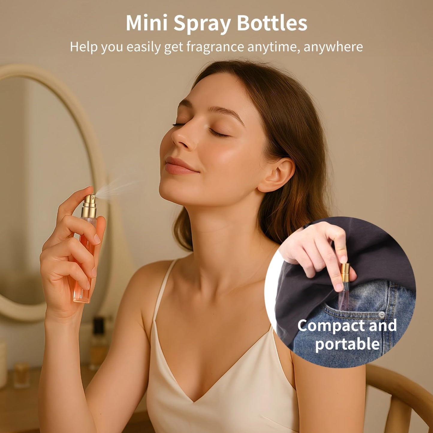 50 Pcs 10 ml Perfume Bottles - Refillable Glass Mini Spray Bottles, Portable Travel Sample Containers, Fine Mist Atomizers with Caps, Includes 2 Funnels and 2 Dispensers, Ideal for Liquids, Gold