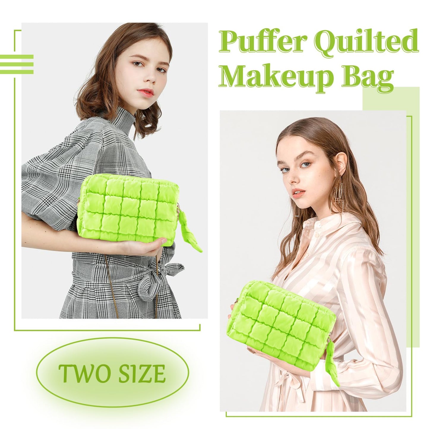 Puffer Quilted Makeup Bag Cosmetic Bags,Puffy Travel Toiletry Pouch for Women,Cute Checkered Zipper Bag Travel Essential,Portable Aesthetic Make up Organizer Bag for Gifts Work Daily(LightGreen,M)