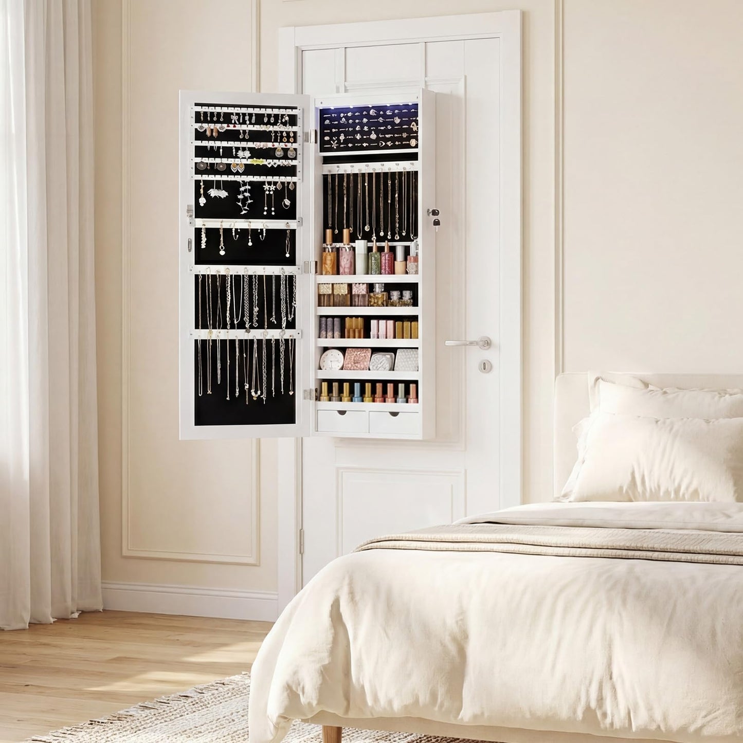 Sweetcrispy Jewelry Organizers and Storage, Wall/Door Mounted Jewelry Armoire with Full Length Mirror, 47.2" Tall Mirror with Storage, Automatic 6 LED Lights, Lockable, 2 Drawers, White