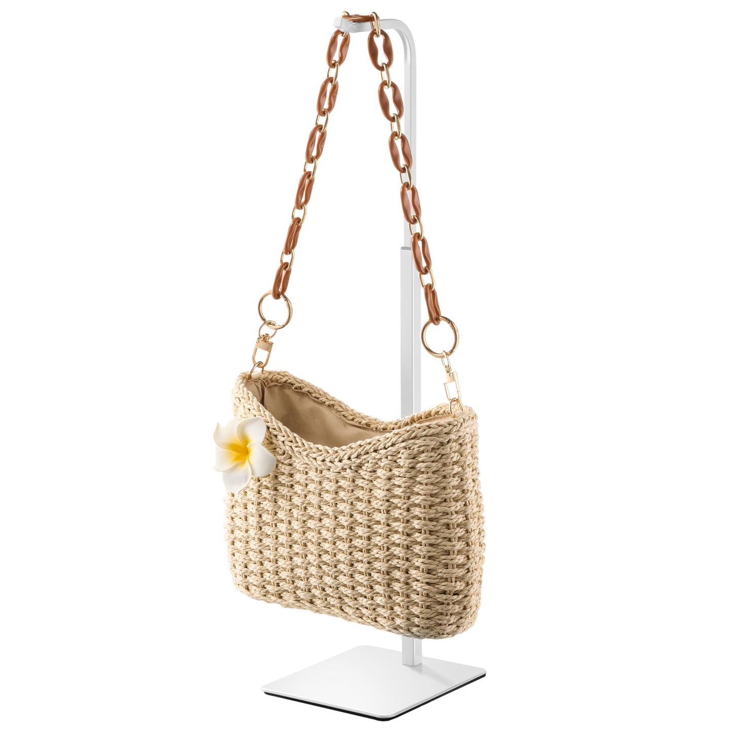 Purse Display Stand, Height-Adjustable Tabletop Handbag Holder, Multi-Use Display Rack and Banner Stand for Happy Birthday Banners, Lanterns and Wreaths, for Home, Retail and Party Use, White