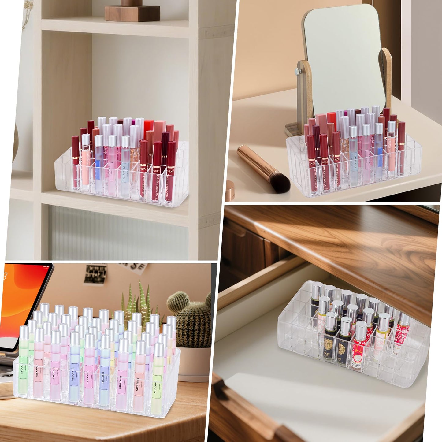 IPENP Rollerball Perfume Organizer, Beauty Scent Holder, 36 Space Clear Acrylic Perfume Organizer Refillable Container Tall Scented Oil Storage Display Case, Makeup Lipgloss Lipstick Display Case