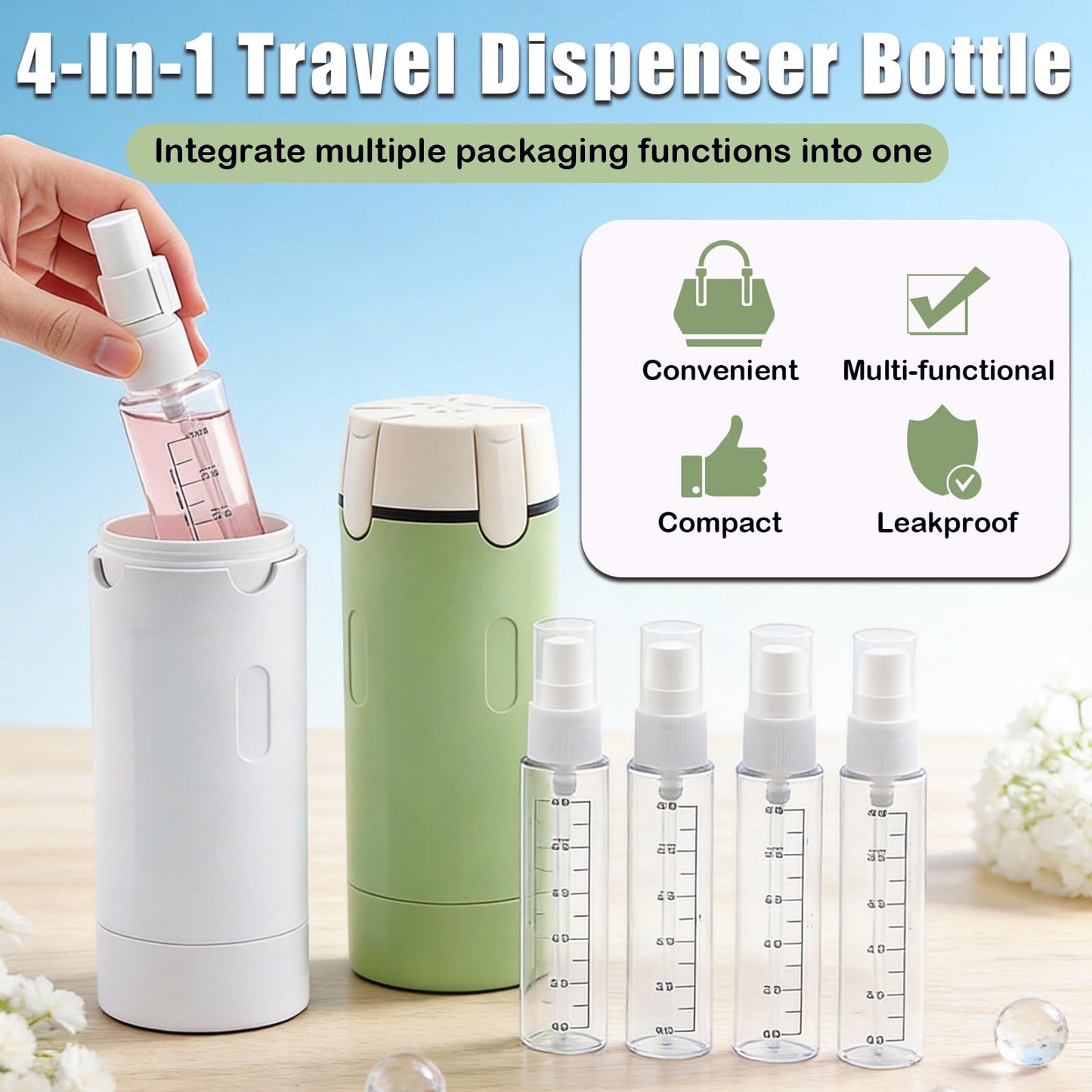 2 PCS 4 in 1 Travel Dispenser Bottle for Toiletries, Shampoo Lotion, Portable Refillable 4 in 1 Travel Bottle with Scale & Label, Leak Proof for Gym, Camping, Business Trips & Vacation (Green, White)