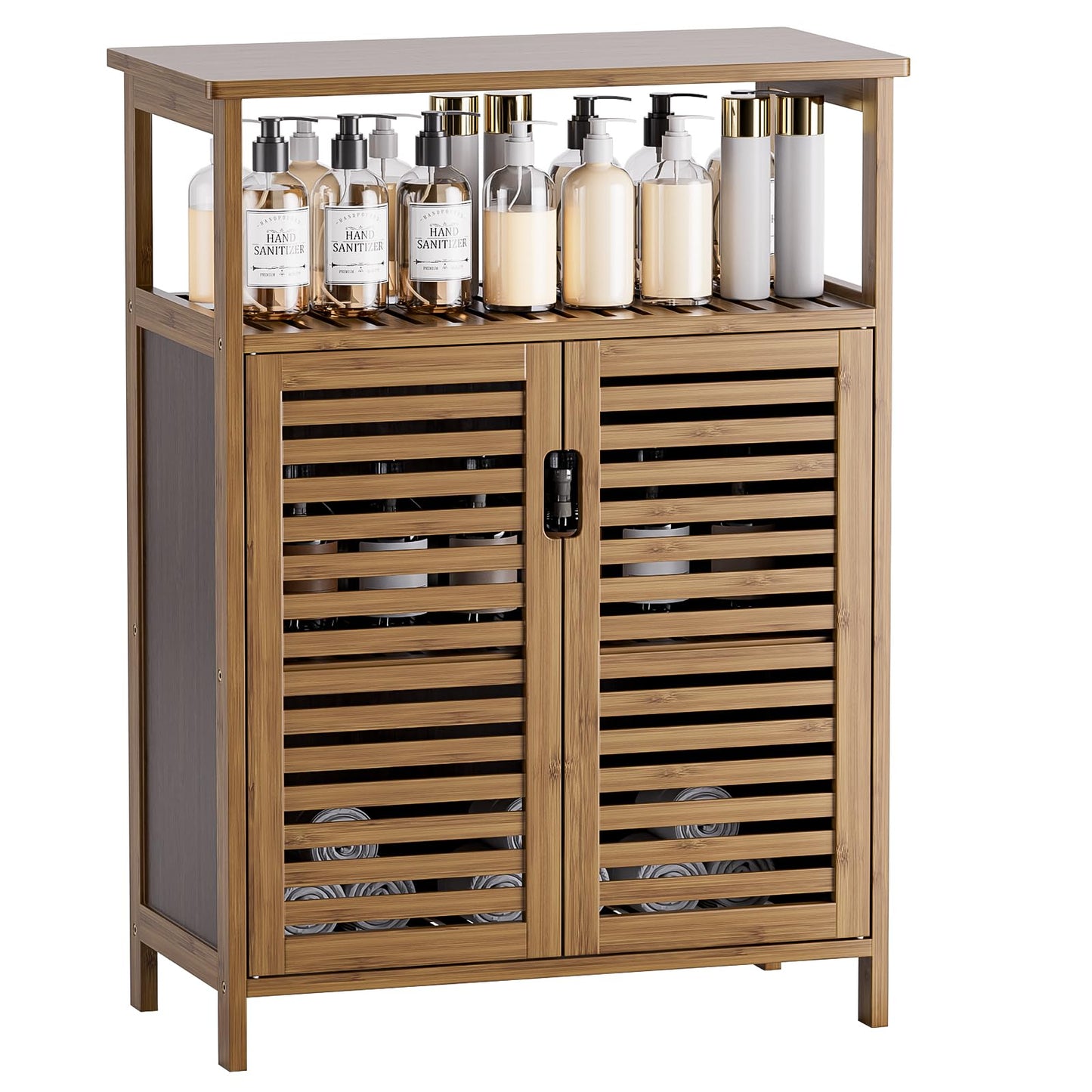 HITNET Bathroom Storage Cabinet, Bamboo Floor Cabinet with Double Doors and Open Shelf, Freestanding Cupboard for Living Room, Kitchen, Entryway, Walnut