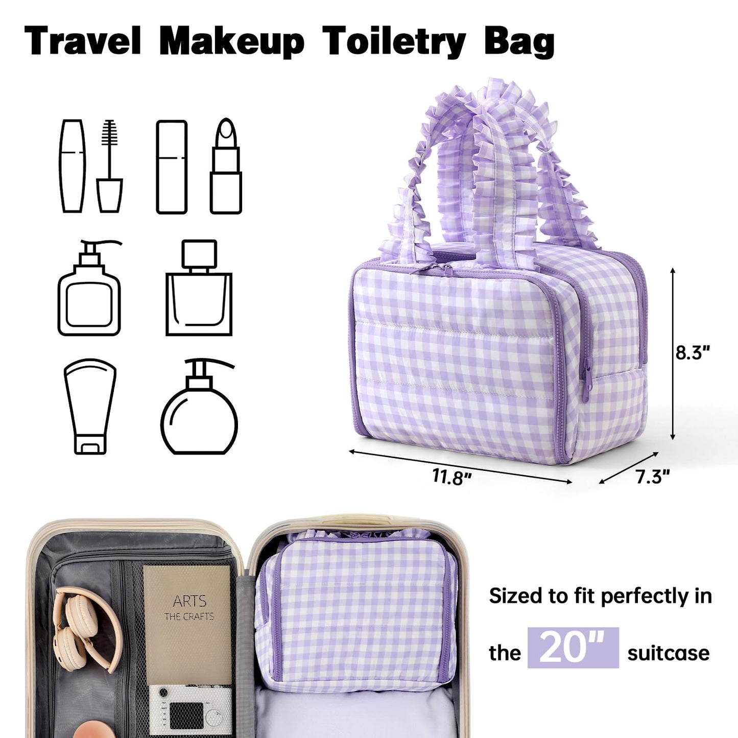 THOVSMOON Travel Toiletry Bag for Women,Water-resistant Large Gingham Makeup Cosmetic Organizer with Ruffles Handle for Traveling, Toiletries, Cosmetic, Essentials Accessories(Purple Gingham)